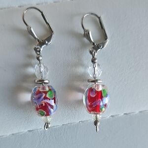 Red and Green Floral Dangle Earrings with Crystal Beads Handmade